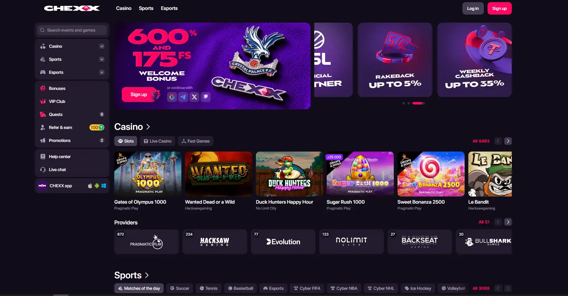 Captură reală a lobby-ului CHEXX și a categoriilor sale de jocuri